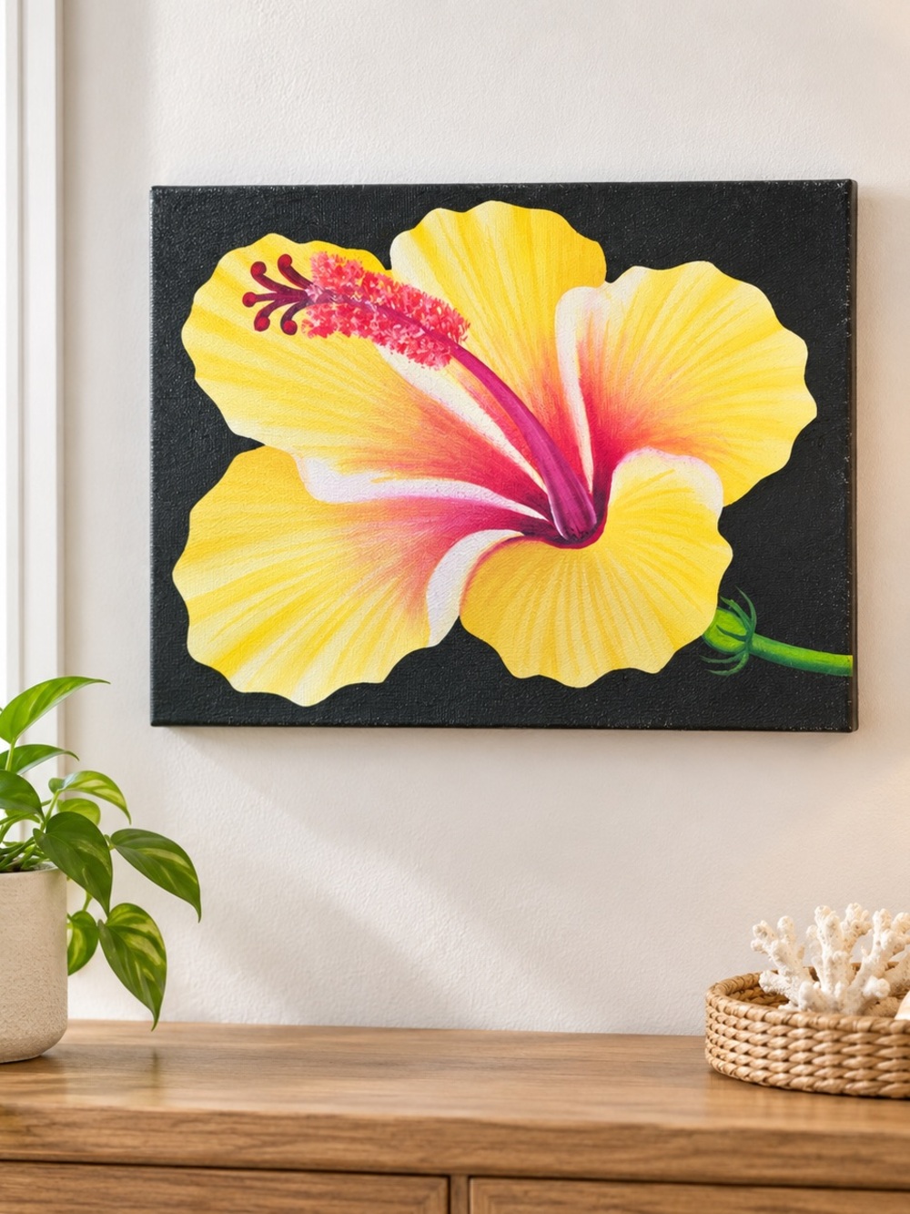Original Hand Painted Yellow Hibiscus Canvas Art 8x10 Tropical Hawaiian Floral
